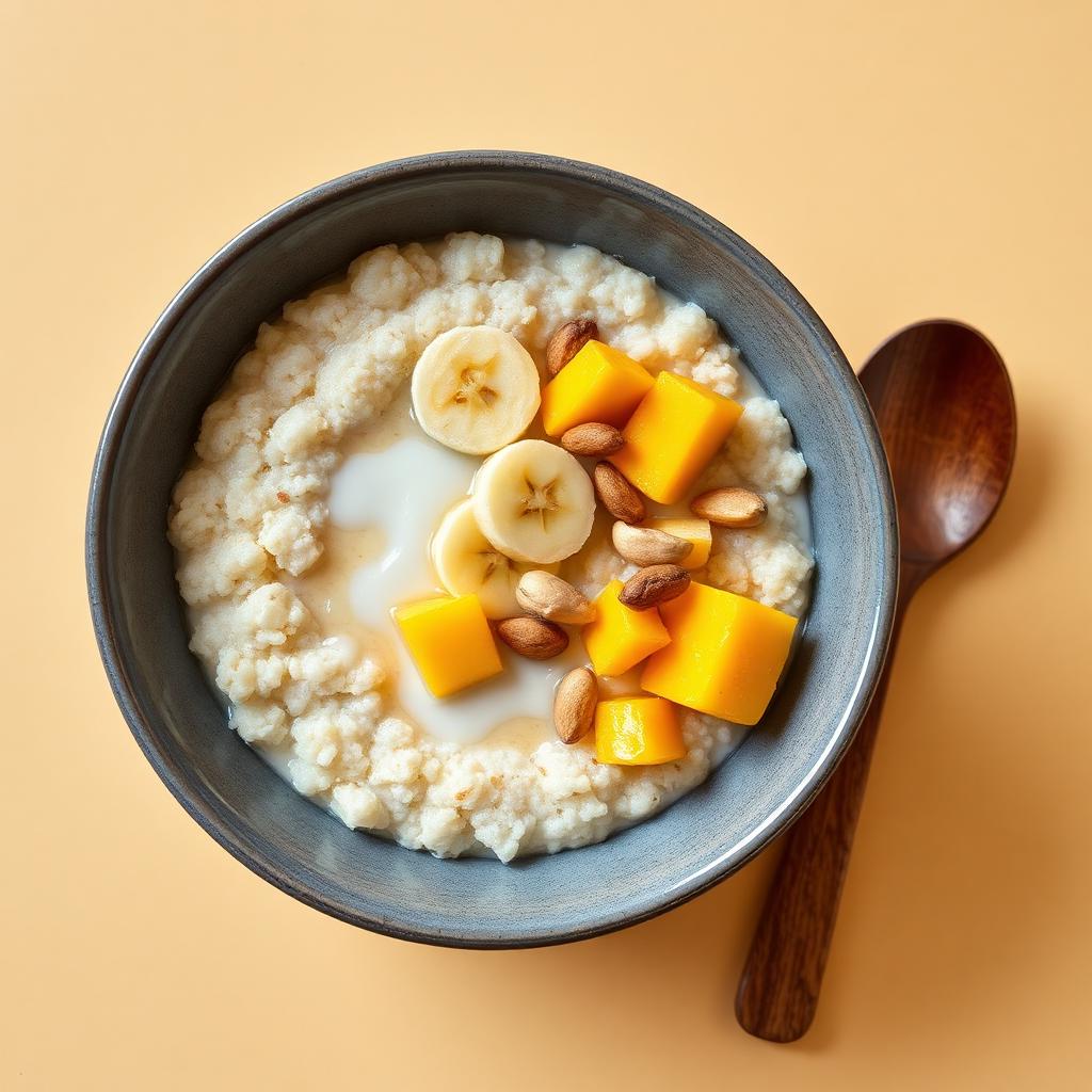 Bowl of prepared GH Gari Mix with milk, peanuts, and fresh fruit