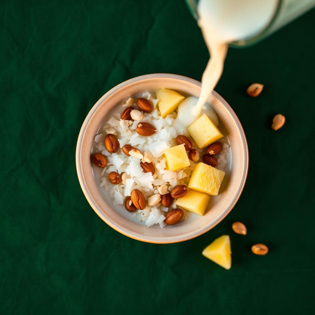 Bowl of prepared GH Gari Mix with milk, peanuts, and fresh fruit