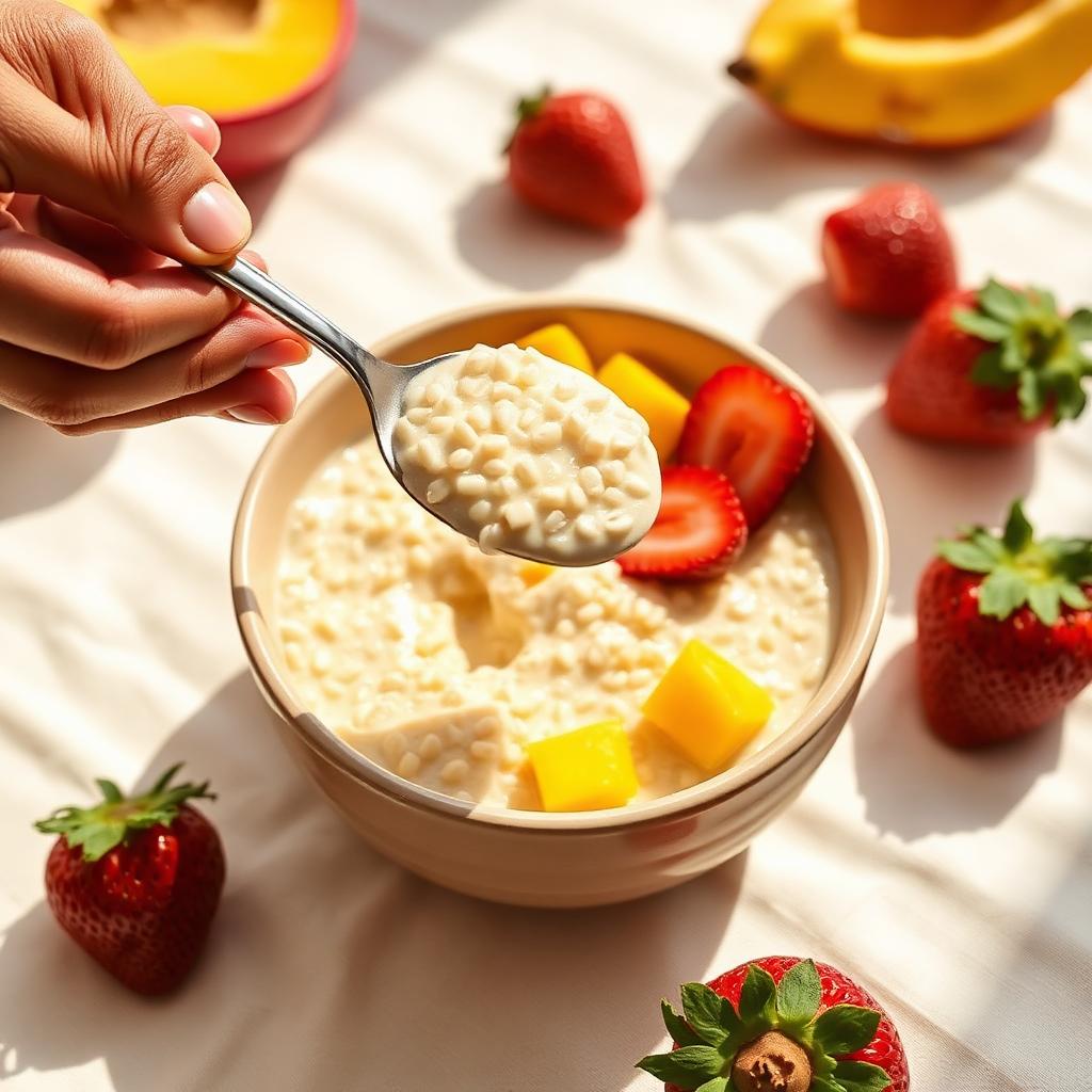 Bowl of prepared GH Gari Mix with milk, peanuts, and fresh fruit